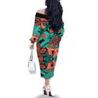 Plumeria Polynesian Pattern Family Matching Off The Shoulder Long Sleeve Dress and Hawaiian Shirt Unique Fantasy Teal Orange