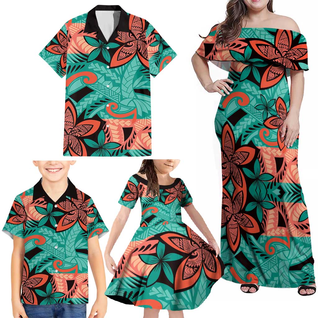 Plumeria Polynesian Pattern Family Matching Off Shoulder Maxi Dress and Hawaiian Shirt Unique Fantasy Teal Orange