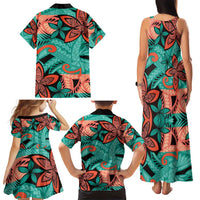 Plumeria Polynesian Pattern Family Matching Tank Maxi Dress and Hawaiian Shirt Unique Fantasy Teal Orange