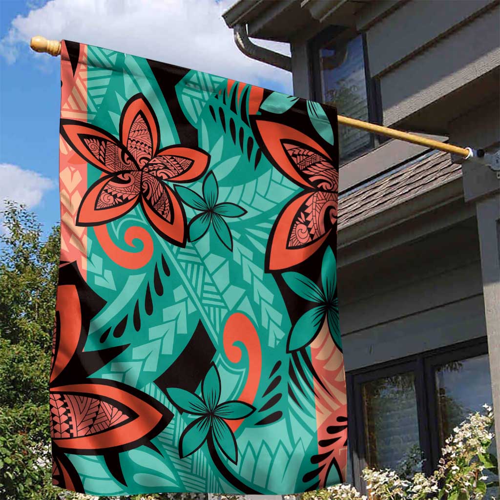 Plumeria Polynesian Pattern Garden Flag Unique Fantasy Teal Orange LT01 - Polynesian Pride