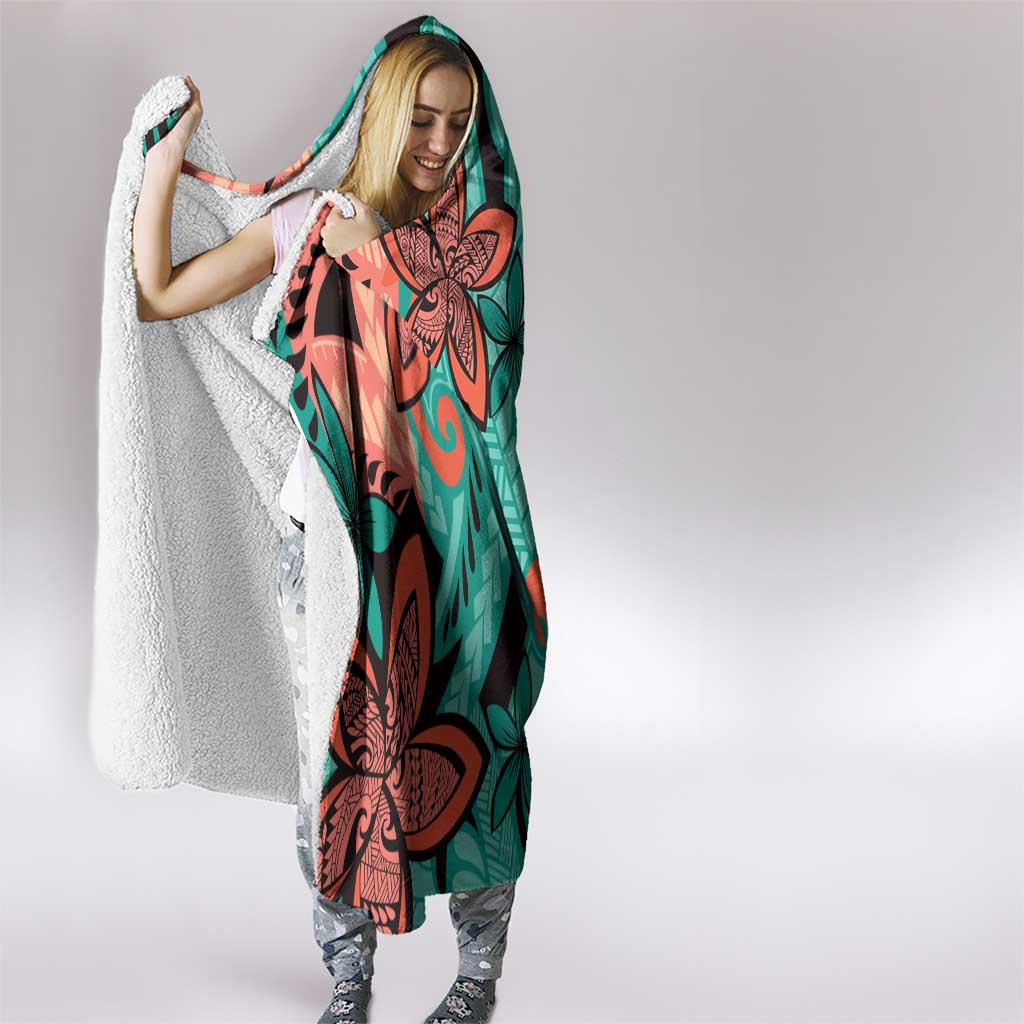 Plumeria Polynesian Pattern Hooded Blanket Unique Fantasy Teal Orange