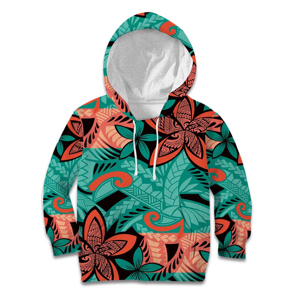 Plumeria Polynesian Pattern Kid Hoodie Unique Fantasy Teal Orange