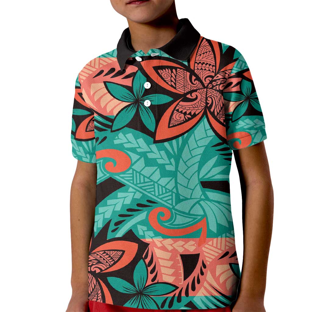 Plumeria Polynesian Pattern Kid Polo Shirt Unique Fantasy Teal Orange LT01 Kid Teal - Polynesian Pride