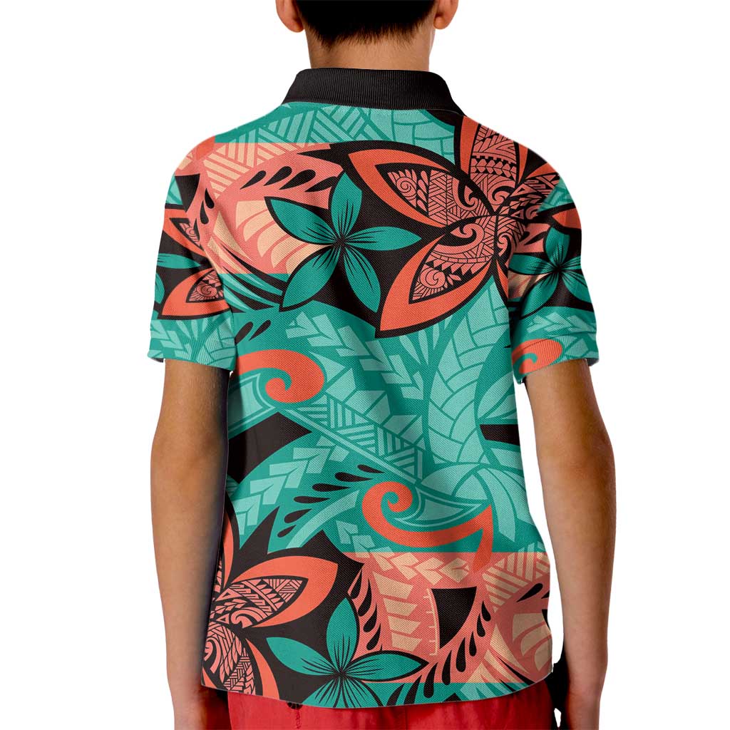 Plumeria Polynesian Pattern Kid Polo Shirt Unique Fantasy Teal Orange