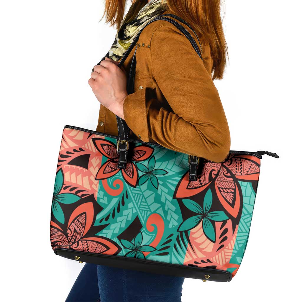 Plumeria Polynesian Pattern Leather Tote Bag Unique Fantasy Teal Orange LT01 Teal - Polynesian Pride