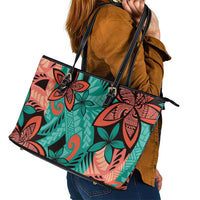 Plumeria Polynesian Pattern Leather Tote Bag Unique Fantasy Teal Orange
