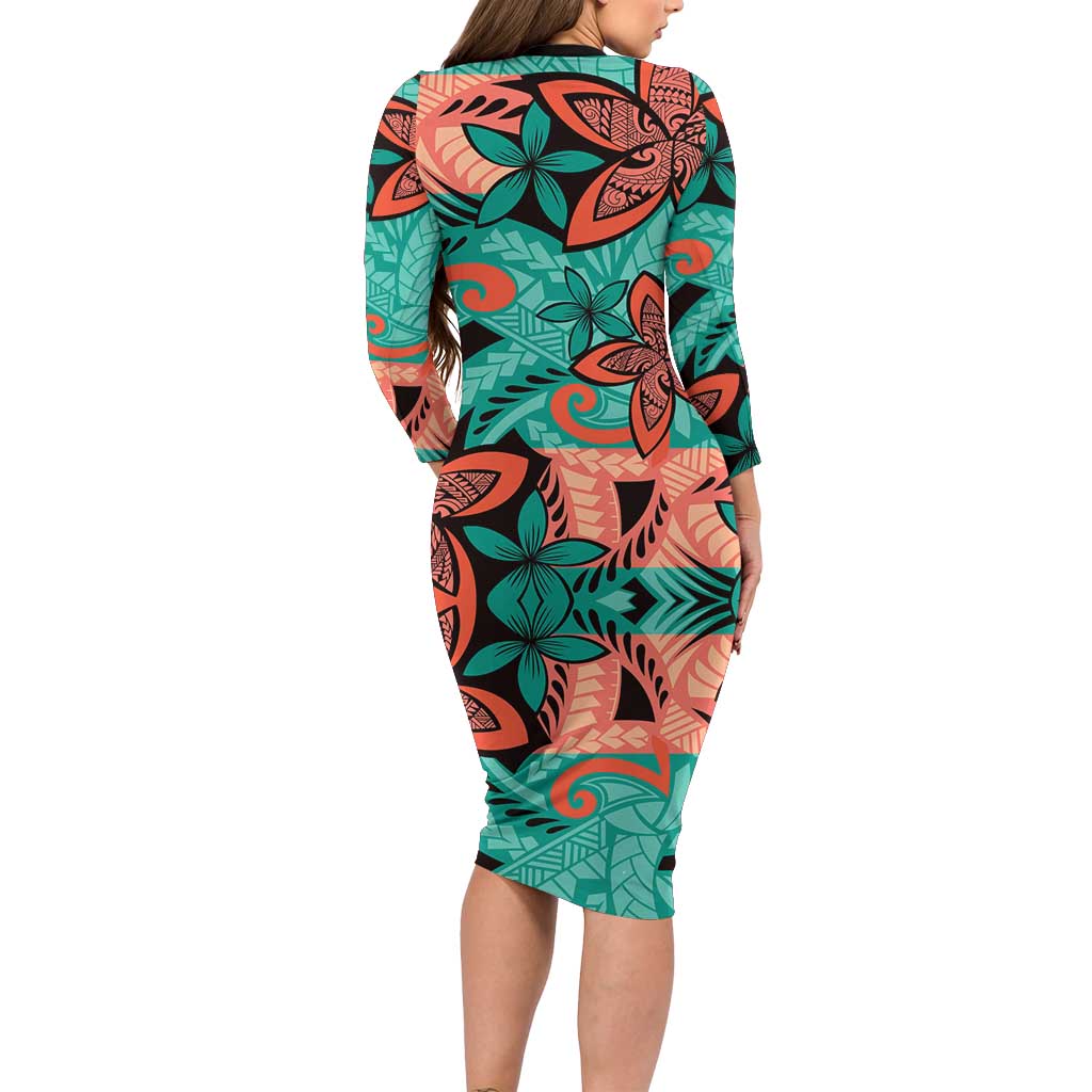 Plumeria Polynesian Pattern Long Sleeve Bodycon Dress Unique Fantasy Teal Orange