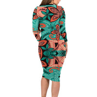 Plumeria Polynesian Pattern Long Sleeve Bodycon Dress Unique Fantasy Teal Orange