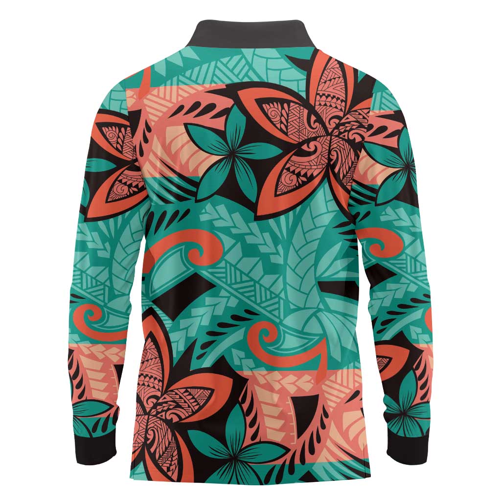 Plumeria Polynesian Pattern Long Sleeve Polo Shirt Unique Fantasy Teal Orange
