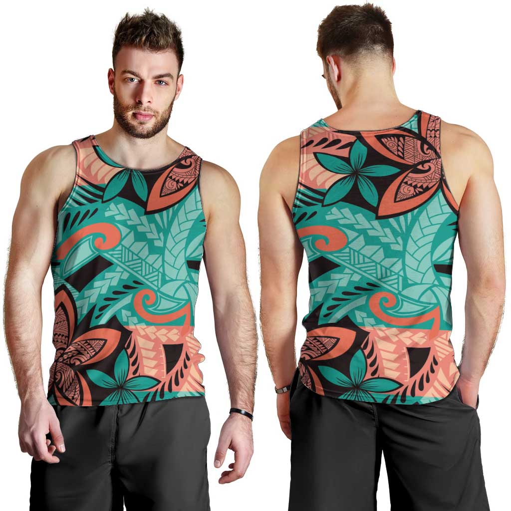 Plumeria Polynesian Pattern Men Tank Top Unique Fantasy Teal Orange