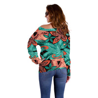 Plumeria Polynesian Pattern Off Shoulder Sweater Unique Fantasy Teal Orange