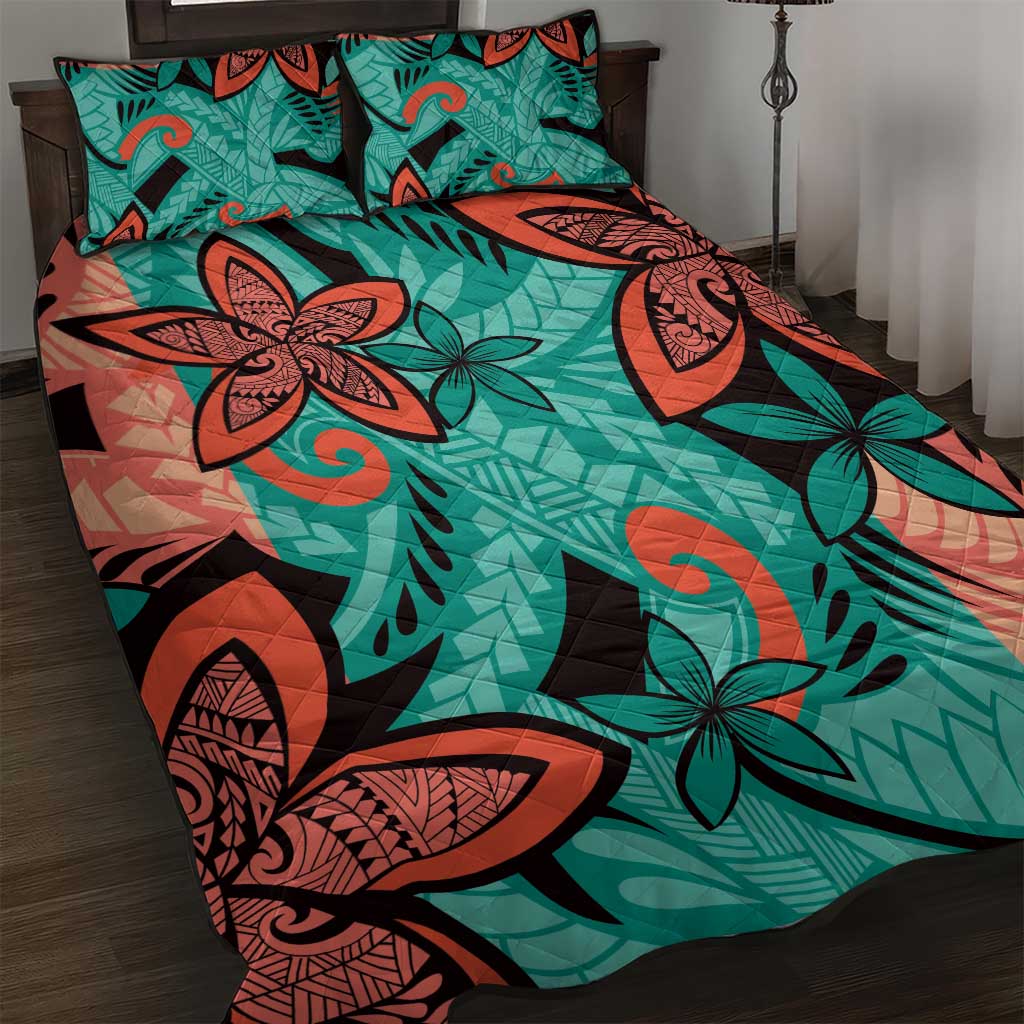 Plumeria Polynesian Pattern Quilt Bed Set Unique Fantasy Teal Orange LT01 Teal - Polynesian Pride