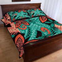 Plumeria Polynesian Pattern Quilt Bed Set Unique Fantasy Teal Orange