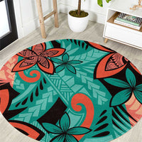 Plumeria Polynesian Pattern Round Carpet Unique Fantasy Teal Orange