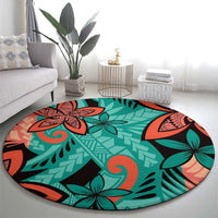 Plumeria Polynesian Pattern Round Carpet Unique Fantasy Teal Orange