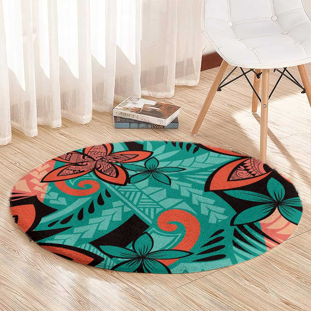 Plumeria Polynesian Pattern Round Carpet Unique Fantasy Teal Orange