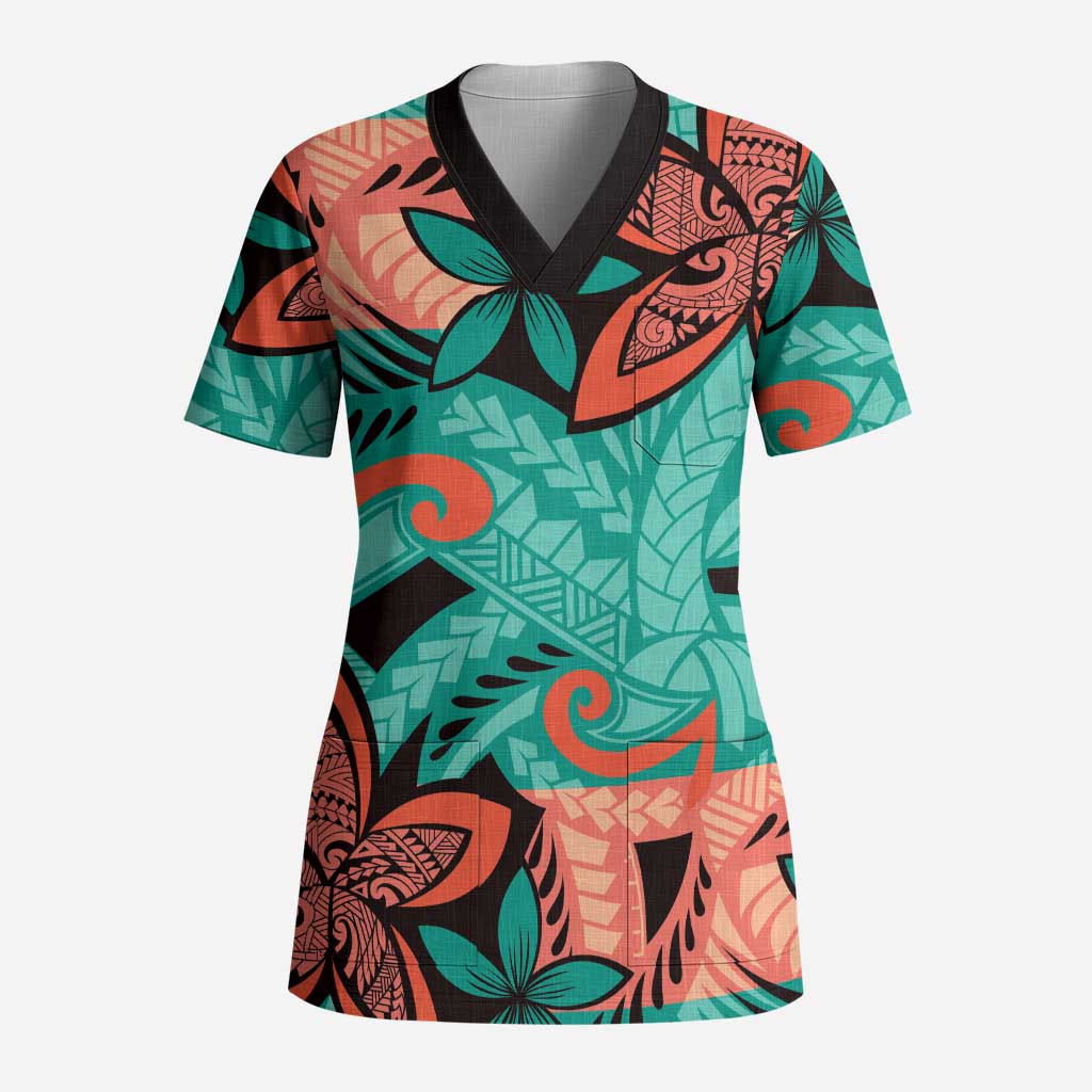 Plumeria Polynesian Pattern Scrub Top Unique Fantasy Teal Orange LT01 Adult Teal - Polynesian Pride
