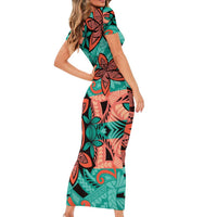 Plumeria Polynesian Pattern Short Sleeve Bodycon Dress Unique Fantasy Teal Orange