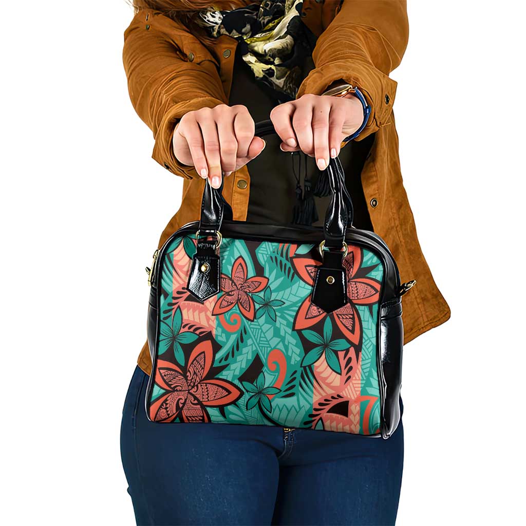 Plumeria Polynesian Pattern Shoulder Handbag Unique Fantasy Teal Orange LT01 One Size Teal - Polynesian Pride