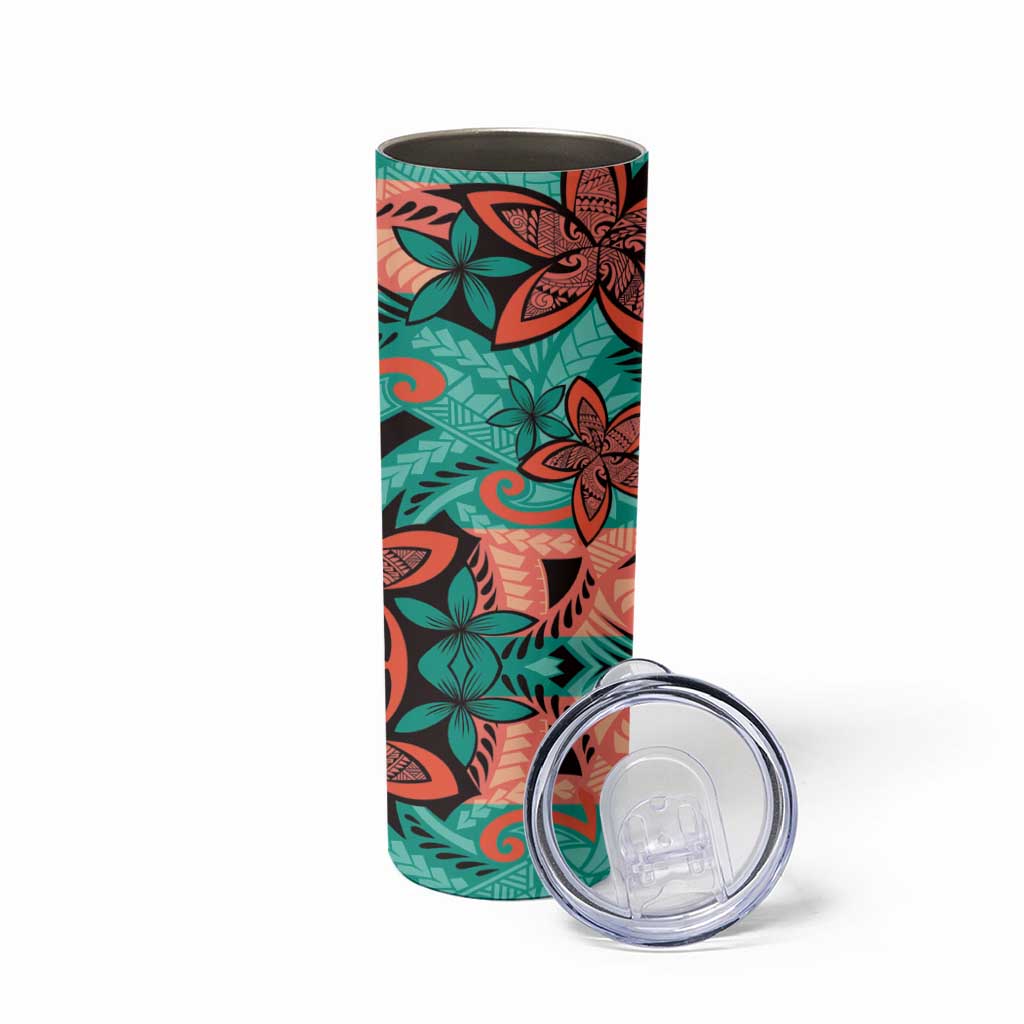 Plumeria Polynesian Pattern Skinny Tumbler Unique Fantasy Teal Orange LT01 - Polynesian Pride