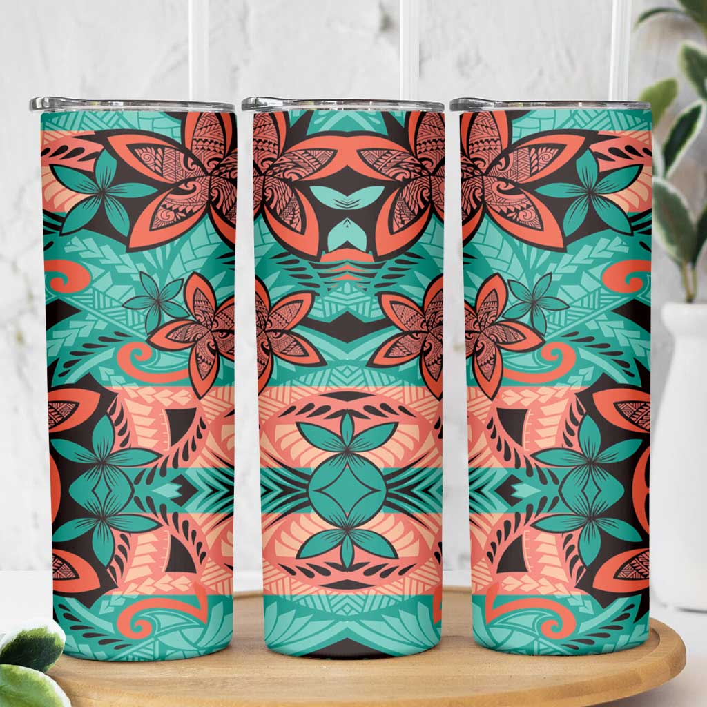 Plumeria Polynesian Pattern Skinny Tumbler Unique Fantasy Teal Orange LT01 - Polynesian Pride