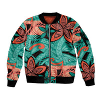 Plumeria Polynesian Pattern Sleeve Zip Bomber Jacket Unique Fantasy Teal Orange LT01 Unisex Teal - Polynesian Pride