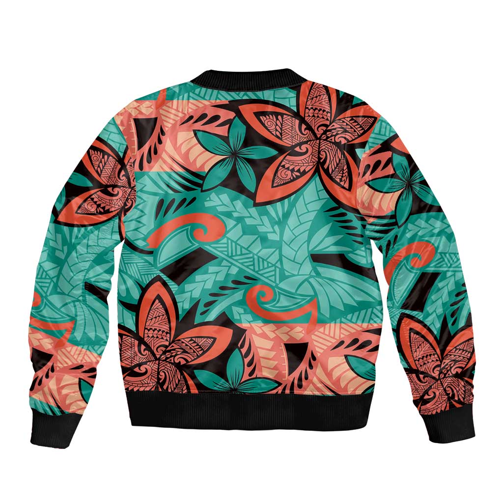 Plumeria Polynesian Pattern Sleeve Zip Bomber Jacket Unique Fantasy Teal Orange LT01 - Polynesian Pride