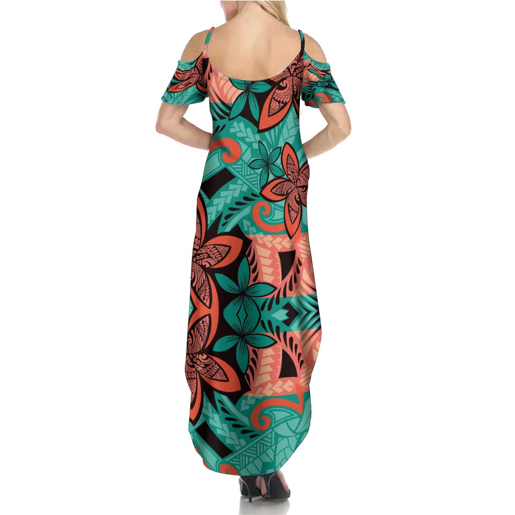 Plumeria Polynesian Pattern Summer Maxi Dress Unique Fantasy Teal Orange