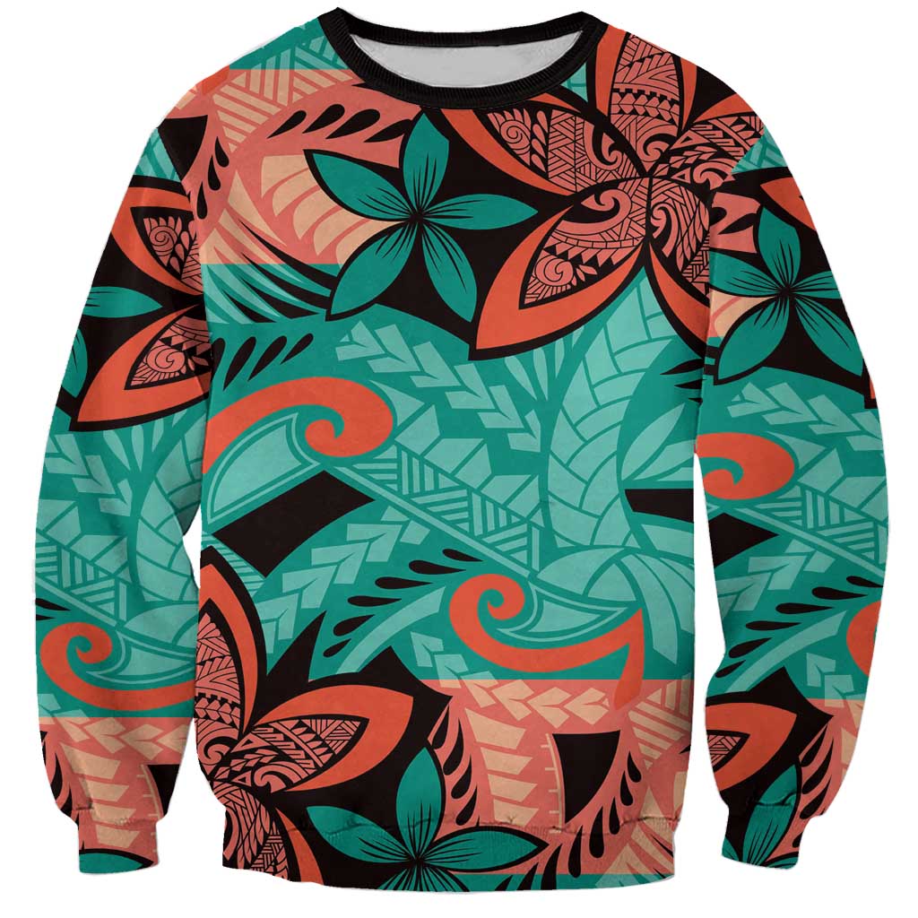 Plumeria Polynesian Pattern Sweatshirt Unique Fantasy Teal Orange