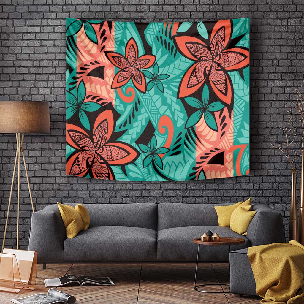 Plumeria Polynesian Pattern Tapestry Unique Fantasy Teal Orange LT01 Teal - Polynesian Pride