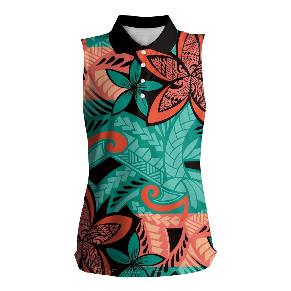 Plumeria Polynesian Pattern Women Sleeveless Polo Shirt Unique Fantasy Teal Orange