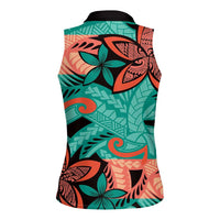 Plumeria Polynesian Pattern Women Sleeveless Polo Shirt Unique Fantasy Teal Orange