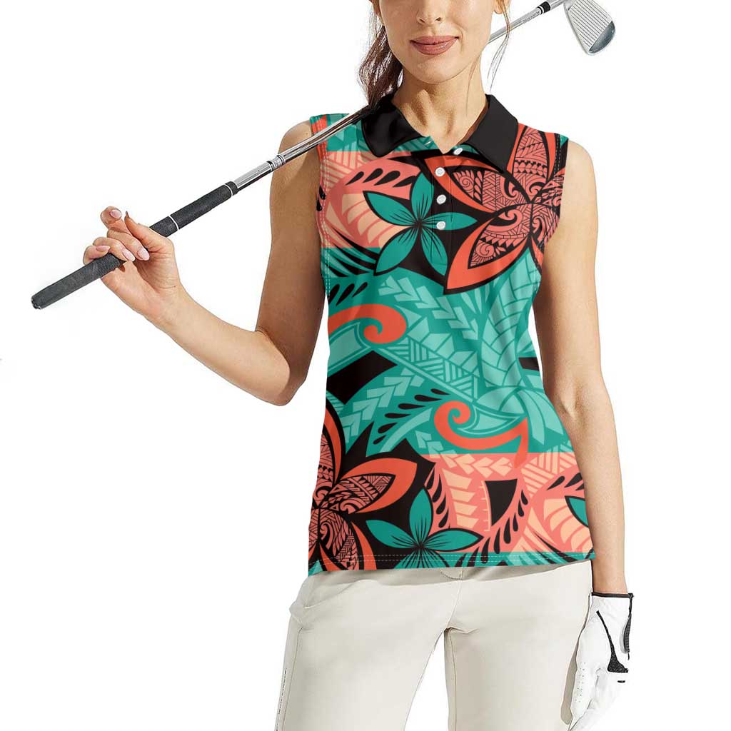 Plumeria Polynesian Pattern Women Sleeveless Polo Shirt Unique Fantasy Teal Orange