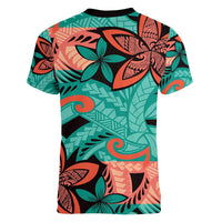 Plumeria Polynesian Pattern Women V-Neck T-Shirt Unique Fantasy Teal Orange
