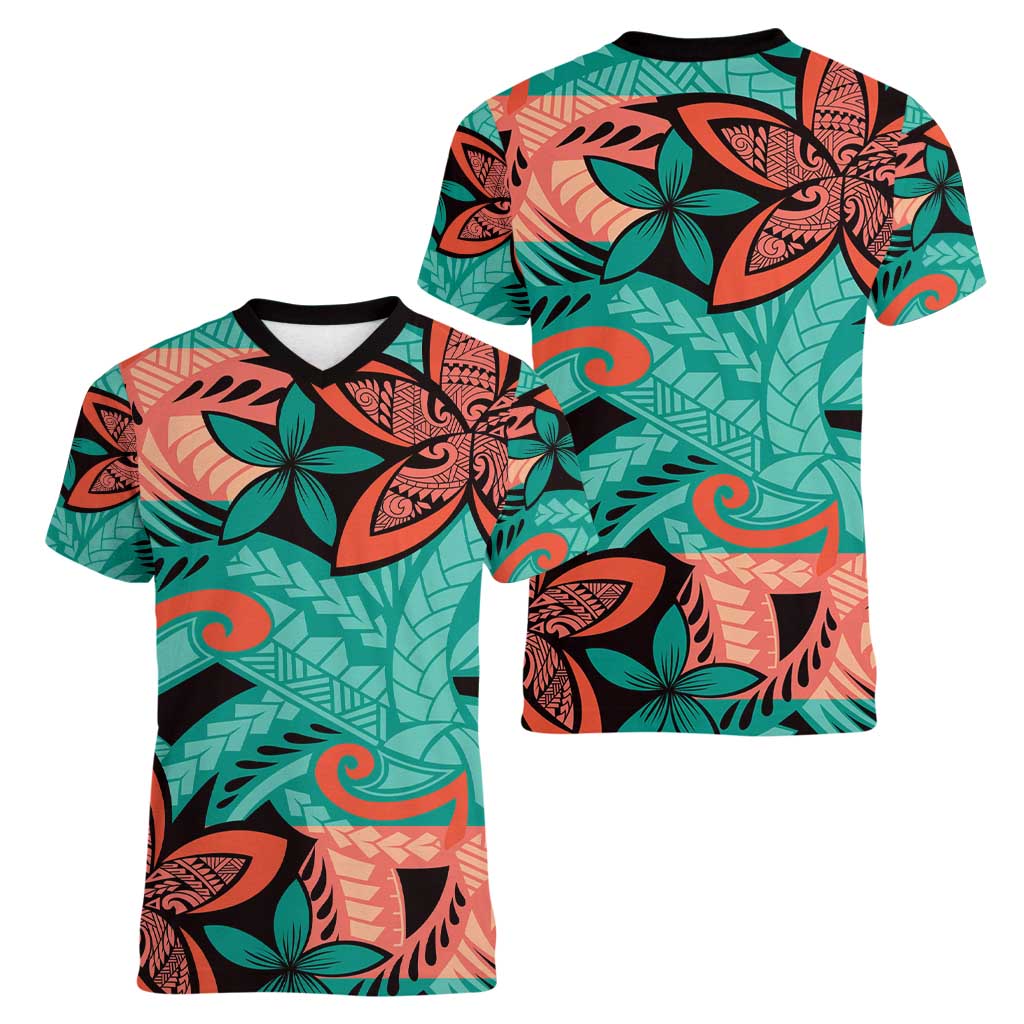 Plumeria Polynesian Pattern Women V-Neck T-Shirt Unique Fantasy Teal Orange