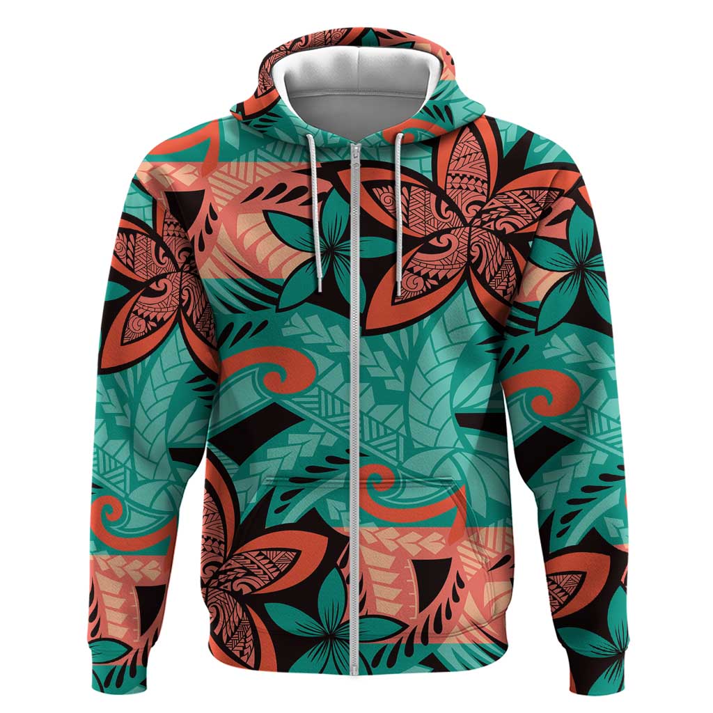 Plumeria Polynesian Pattern Zip Hoodie Unique Fantasy Teal Orange LT01 Zip Hoodie Teal - Polynesian Pride