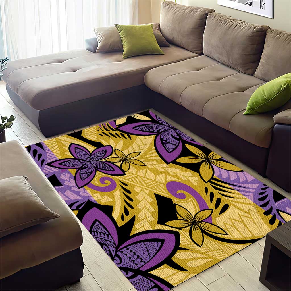 Plumeria Polynesian Pattern Area Rug Unique Fantasy Yellow Purple