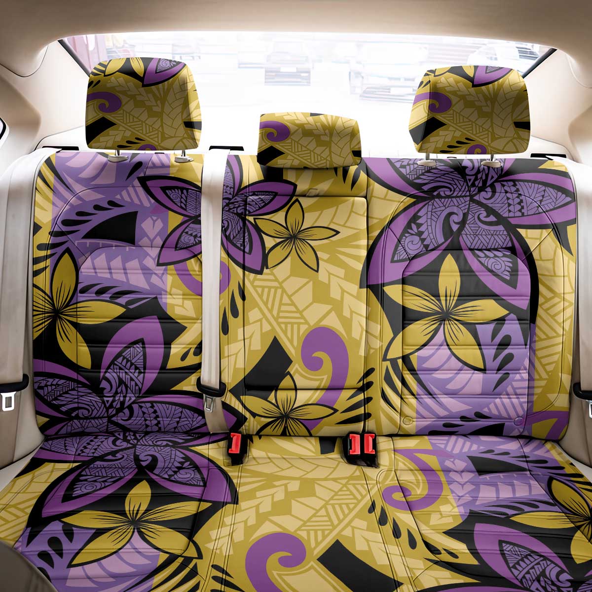 Plumeria Polynesian Pattern Back Car Seat Cover Unique Fantasy Yellow Purple