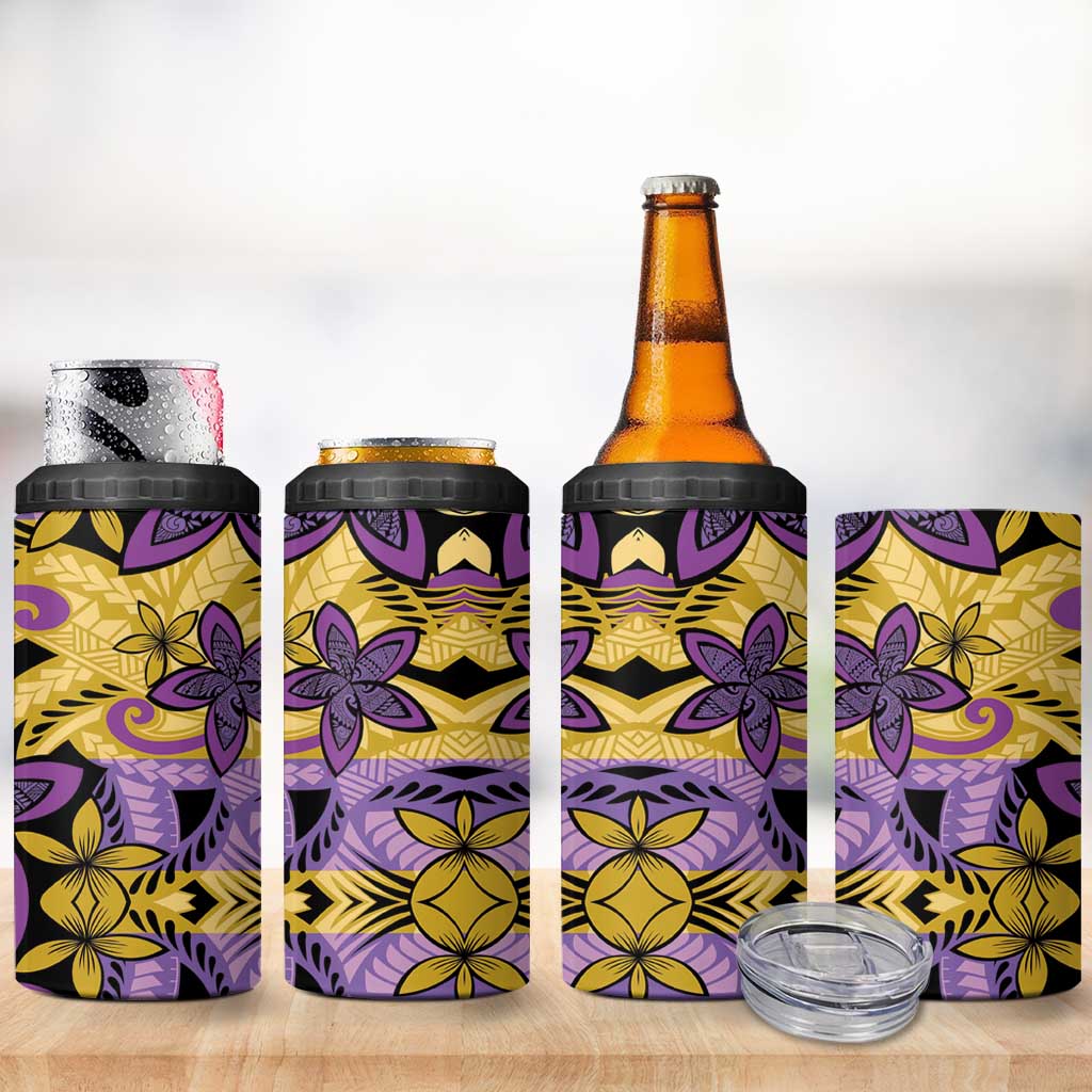 Plumeria Polynesian Pattern 4 in 1 Can Cooler Tumbler Unique Fantasy Yellow Purple LT01 - Polynesian Pride