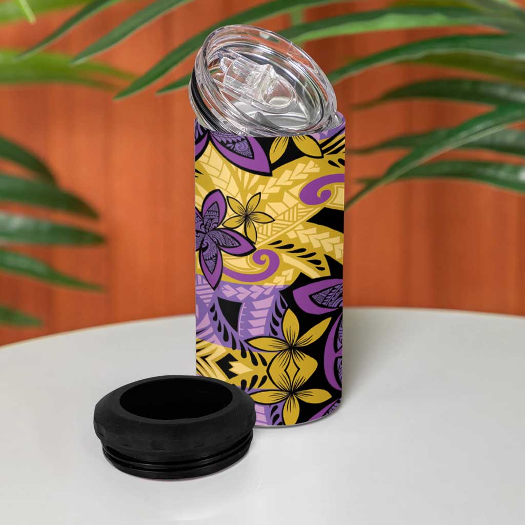 Plumeria Polynesian Pattern 4 in 1 Can Cooler Tumbler Unique Fantasy Yellow Purple LT01 - Polynesian Pride