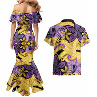 Plumeria Polynesian Pattern Couples Matching Mermaid Dress and Hawaiian Shirt Unique Fantasy Yellow Purple