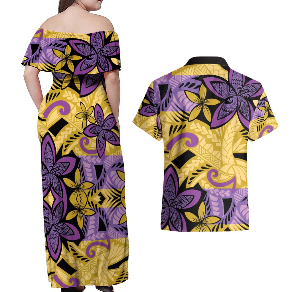Plumeria Polynesian Pattern Couples Matching Off Shoulder Maxi Dress and Hawaiian Shirt Unique Fantasy Yellow Purple