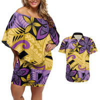 Plumeria Polynesian Pattern Couples Matching Off Shoulder Short Dress and Hawaiian Shirt Unique Fantasy Yellow Purple