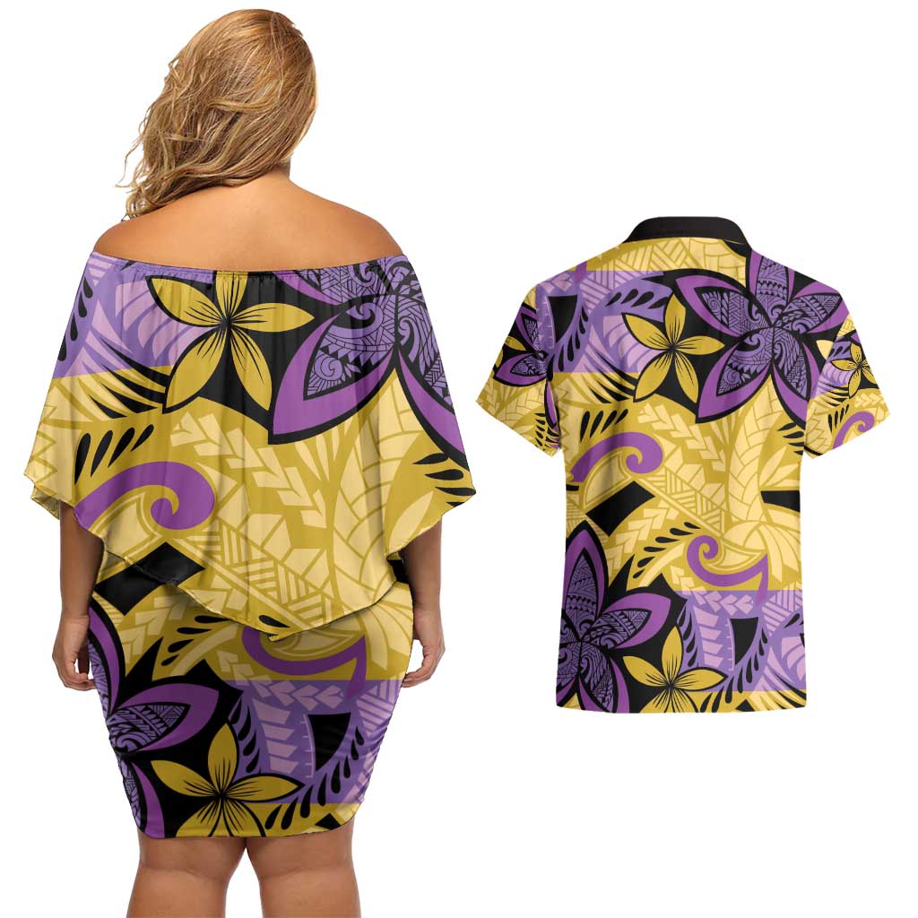 Plumeria Polynesian Pattern Couples Matching Off Shoulder Short Dress and Hawaiian Shirt Unique Fantasy Yellow Purple