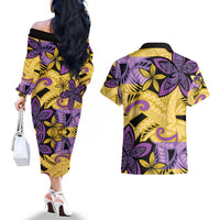 Plumeria Polynesian Pattern Couples Matching Off The Shoulder Long Sleeve Dress and Hawaiian Shirt Unique Fantasy Yellow Purple