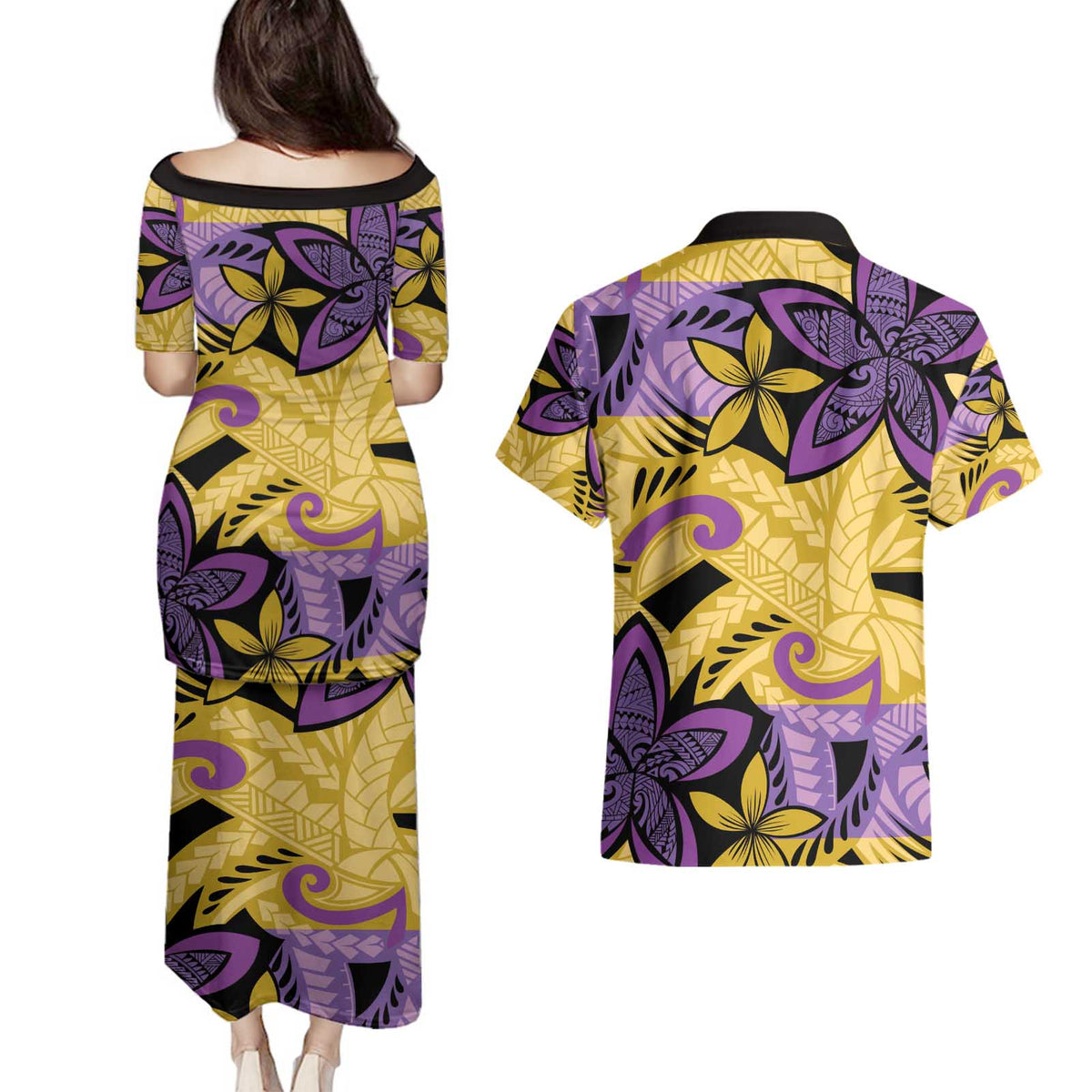 Plumeria Polynesian Pattern Couples Matching Puletasi and Hawaiian Shirt Unique Fantasy Yellow Purple