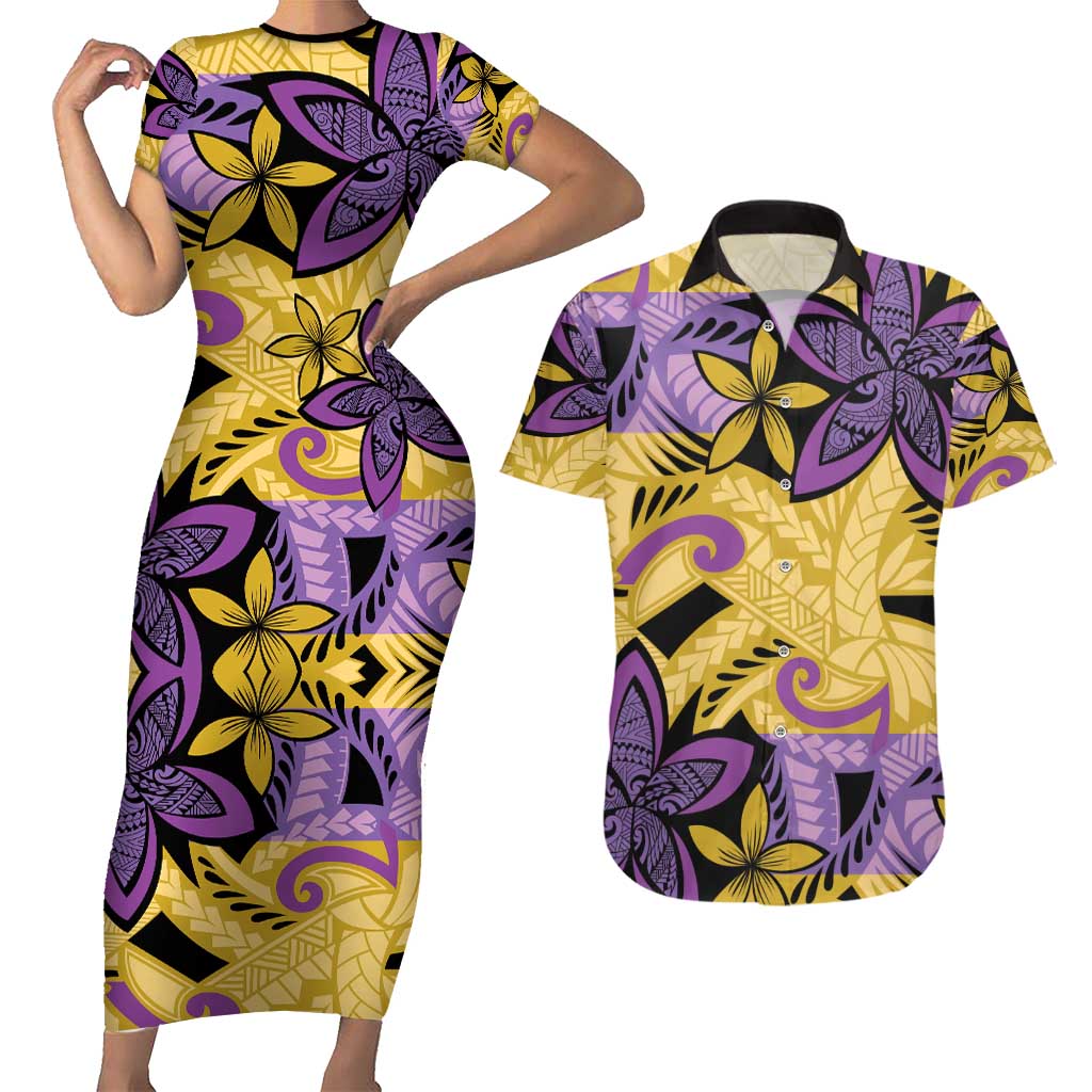 Plumeria Polynesian Pattern Couples Matching Short Sleeve Bodycon Dress and Hawaiian Shirt Unique Fantasy Yellow Purple