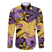 Plumeria Polynesian Pattern Family Matching Long Sleeve Bodycon Dress and Hawaiian Shirt Unique Fantasy Yellow Purple LT01 Dad's Shirt - Long Sleeve Yellow - Polynesian Pride