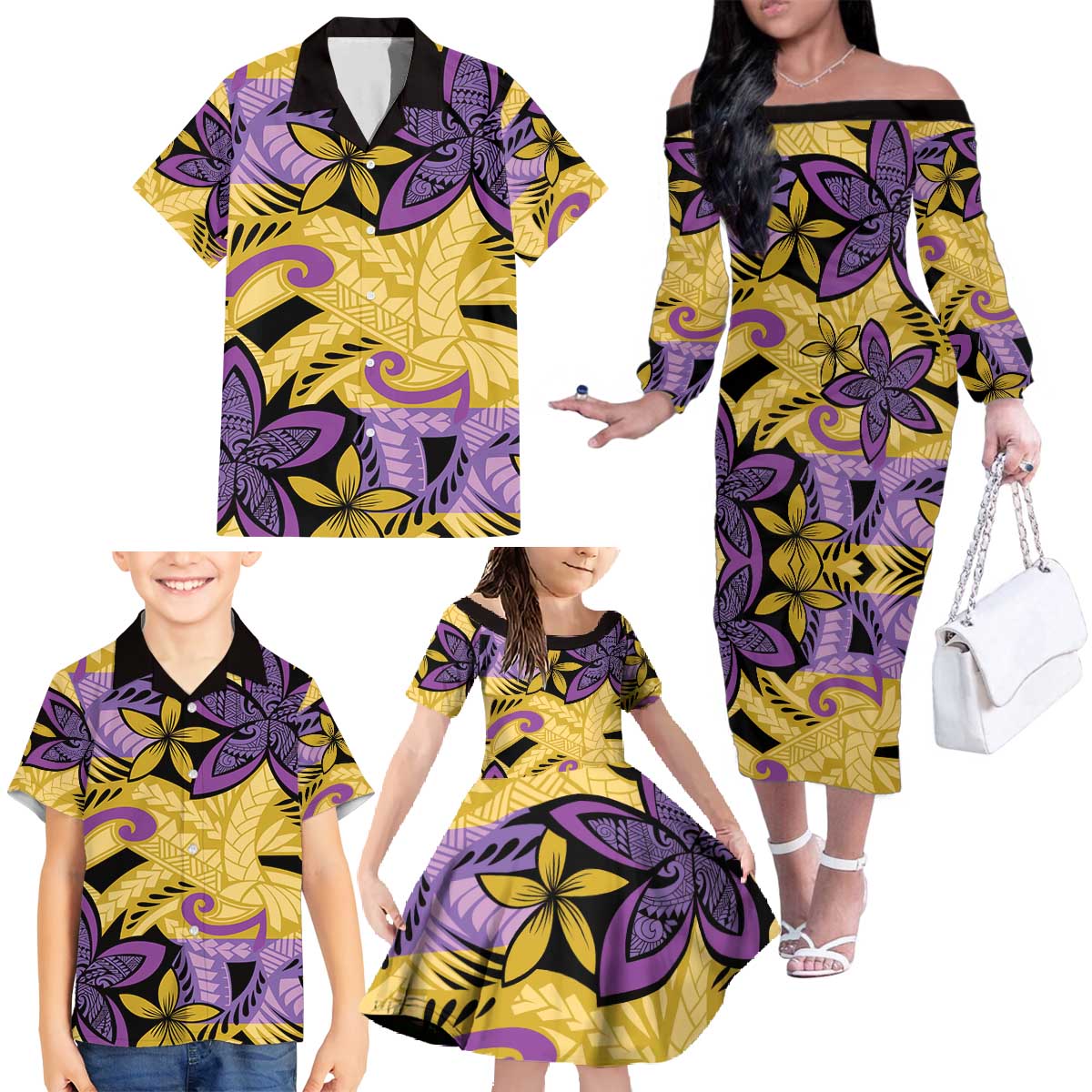 Plumeria Polynesian Pattern Family Matching Off The Shoulder Long Sleeve Dress and Hawaiian Shirt Unique Fantasy Yellow Purple