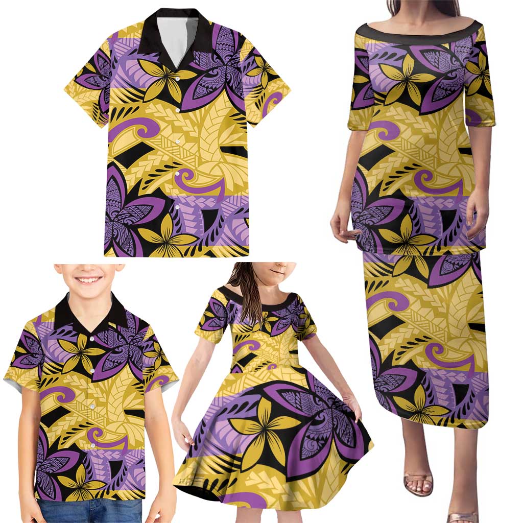 Plumeria Polynesian Pattern Family Matching Puletasi and Hawaiian Shirt Unique Fantasy Yellow Purple